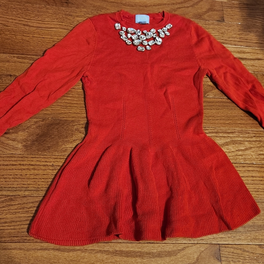 CeCe Vibrant Orange Red Knit Top - Rhinestone Embellishment XS